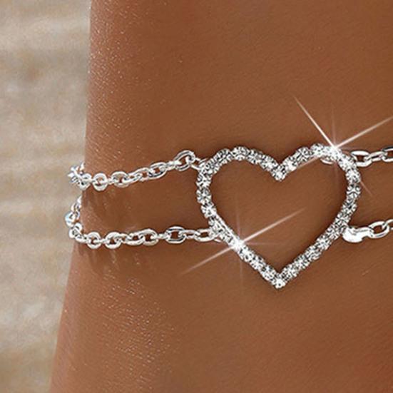Fußkettchen für Frauen, ausgehöhltes Herz, doppellagiges Strass-Dekor, verstellbare Länge, polierter Damen-Fußkettchen, Fußkettchen, Geschenk zum Geburtstag oder Jahrestag