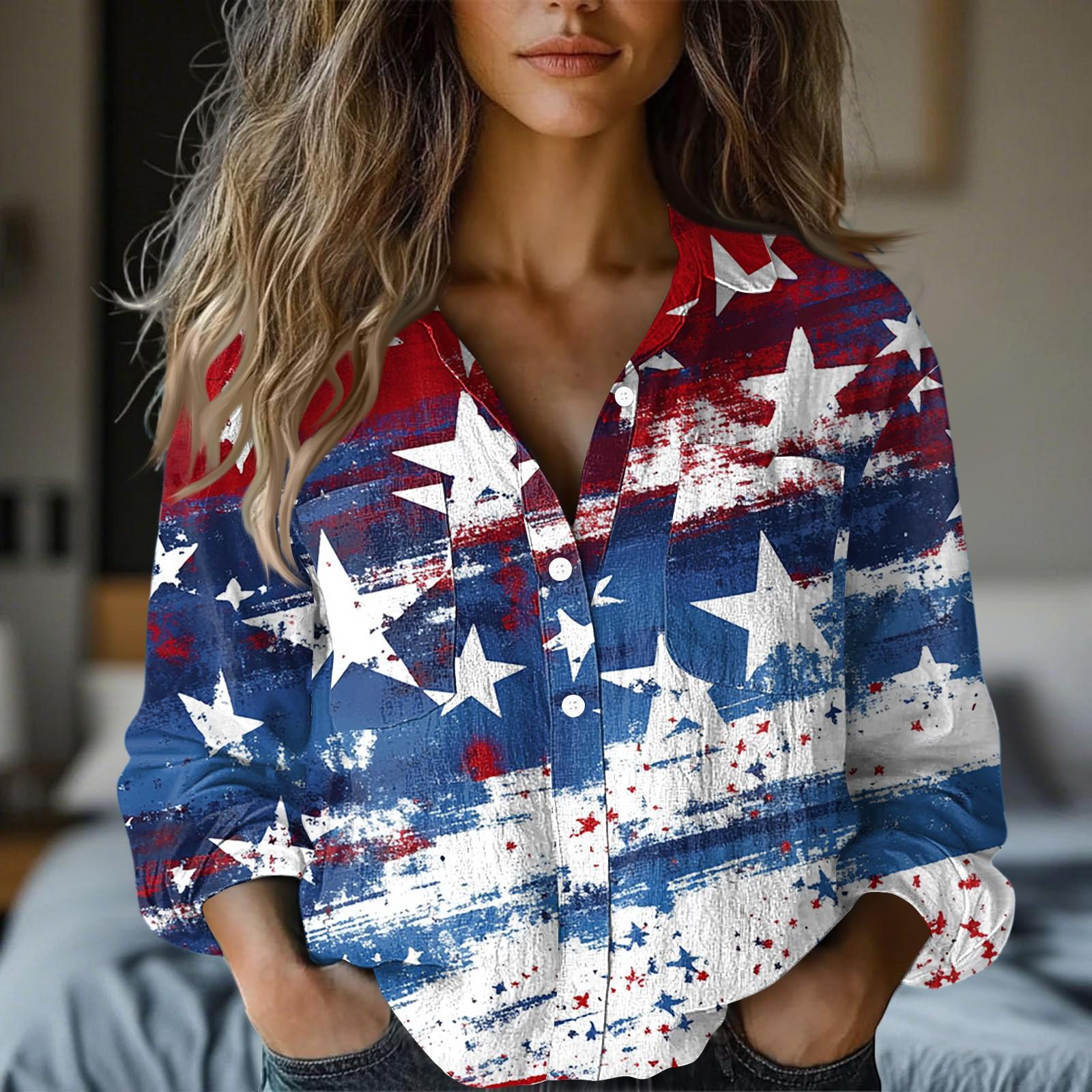 

Women s Fashion Button Lapel Pocket Casual Shirt Independence Day Long Sleeve Top XL