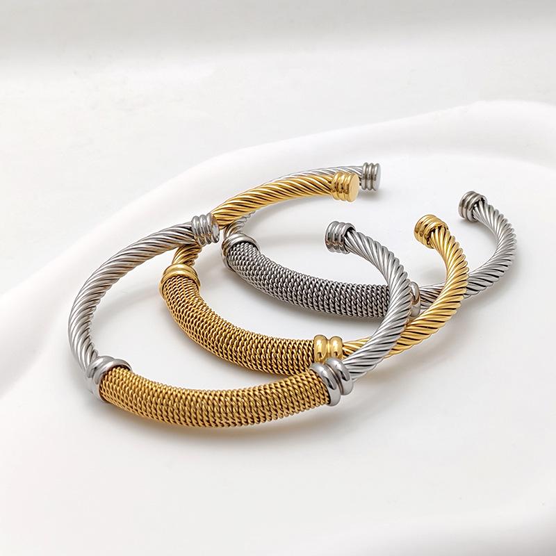 Stylish European-American 18K Gold Stainless Steel Wire Bracelet for Women, Geometric Open Design, Inlaid with Colored Diamonds, Colorfast.