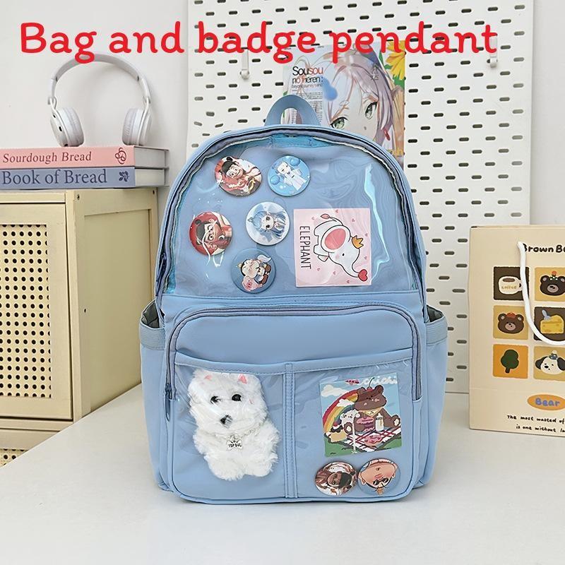 Backpack Simple Student With Transparent Compartments And Pendant Badges