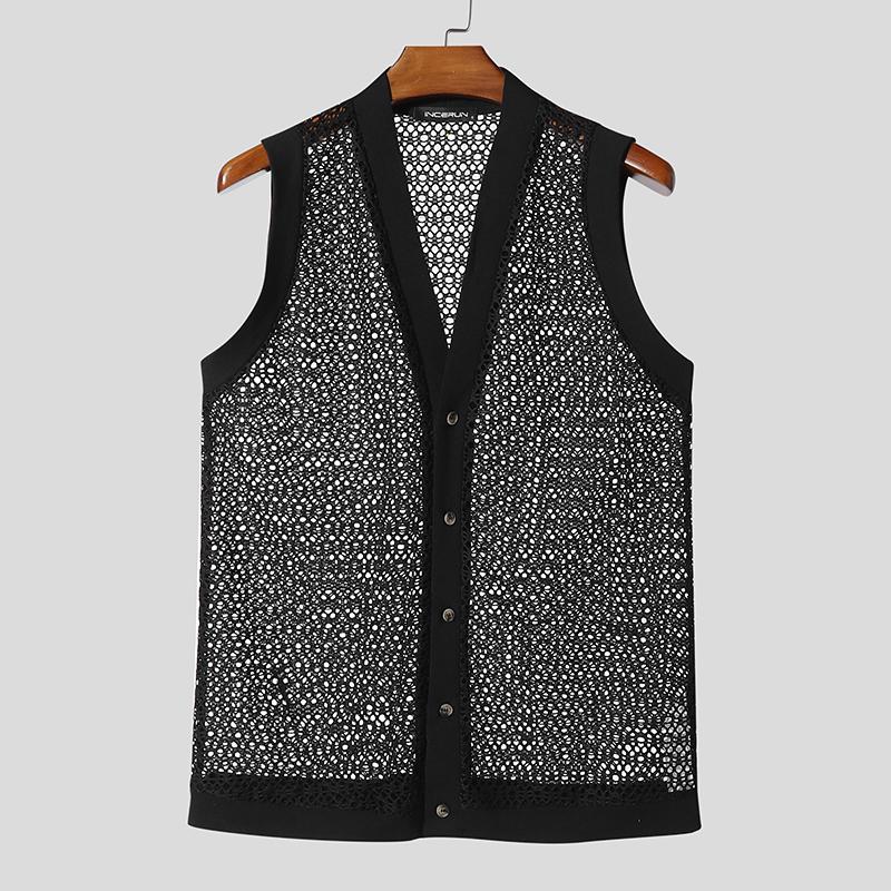 INCERUN Men Sleeveless Buttons Up Hollow Out Casual Tank Tops