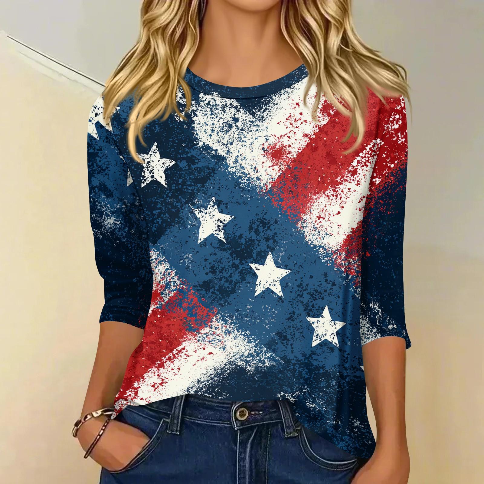 

Women s fashionable casual round neck three-quarter sleeve Independence Day printed T-shirt top XL білий