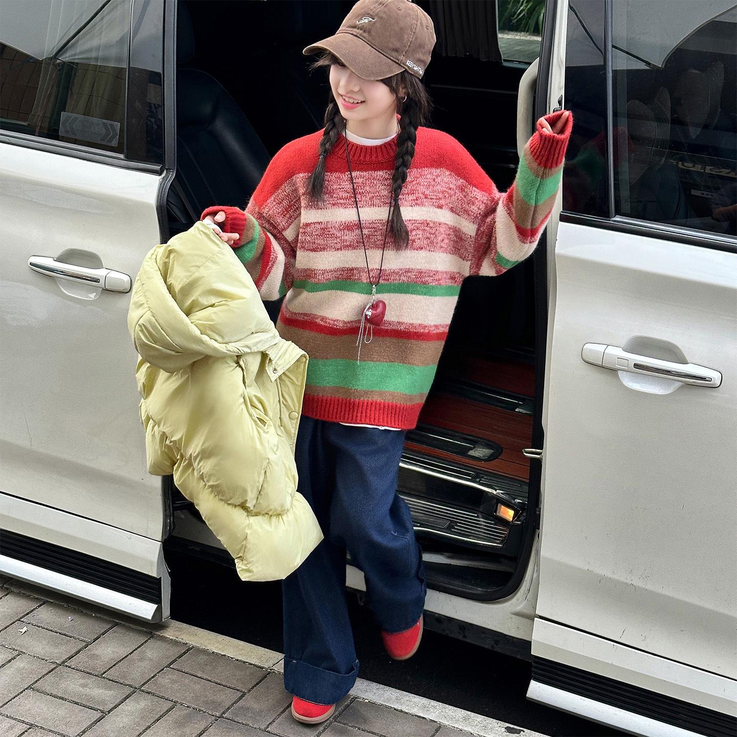 

Комплект жилета и свитера в радужную полоску для девочек 2025: Теплый, Модный, Трехпредметный Осенне-Зимний Наряд для Детей 150 cm