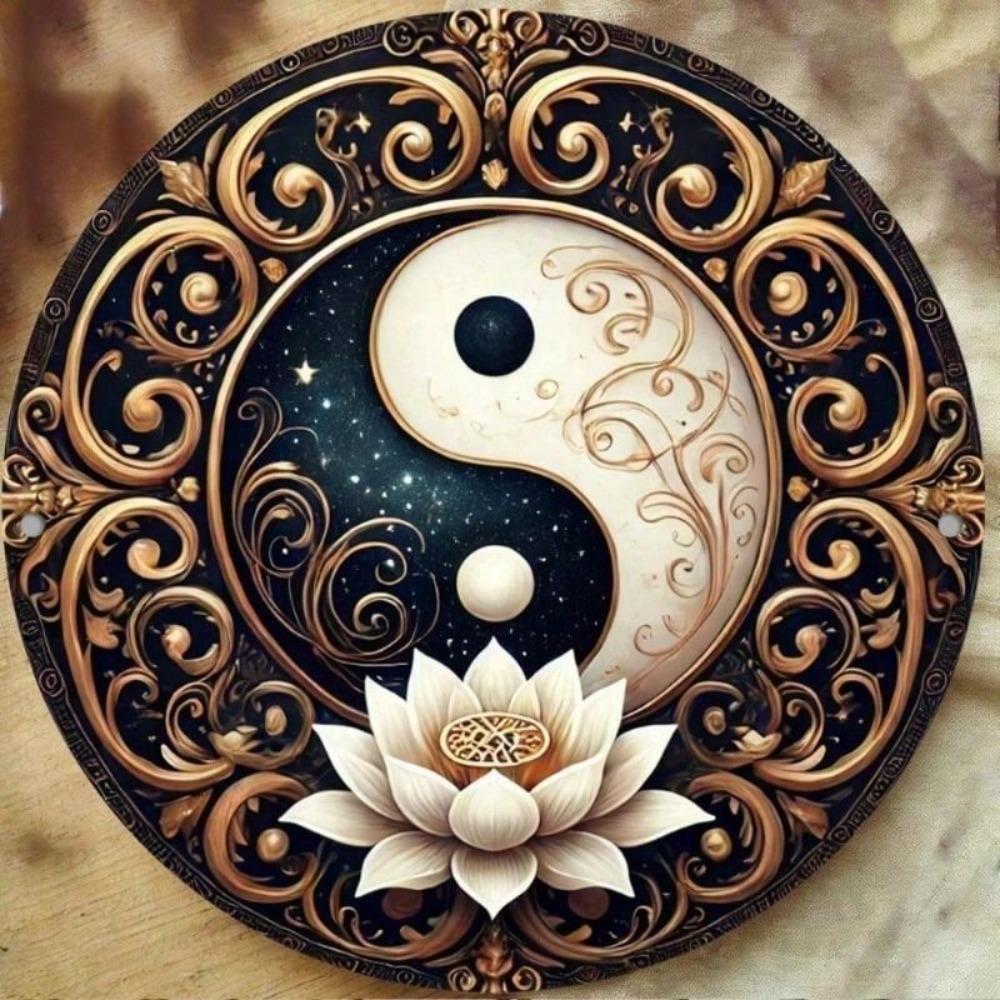 Metal Yin Yang Lotus Poster, High Definition Vintage Round Sign, Waterproof Easy Hang for Home Garden Bar Cafe
