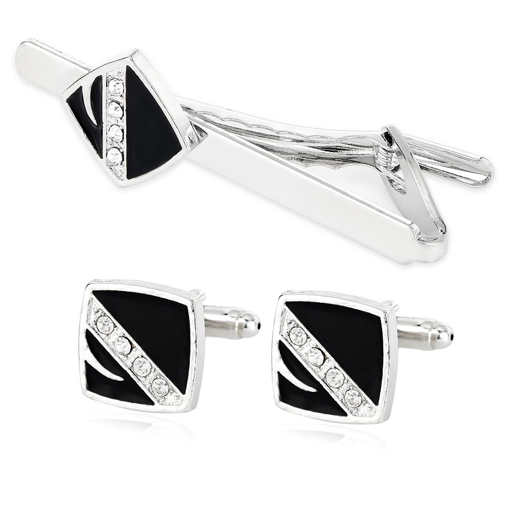 Funny Black Enamel And Crystal Line Design Square Shaped Mens Groom Cufflinks&Tie Clip Set