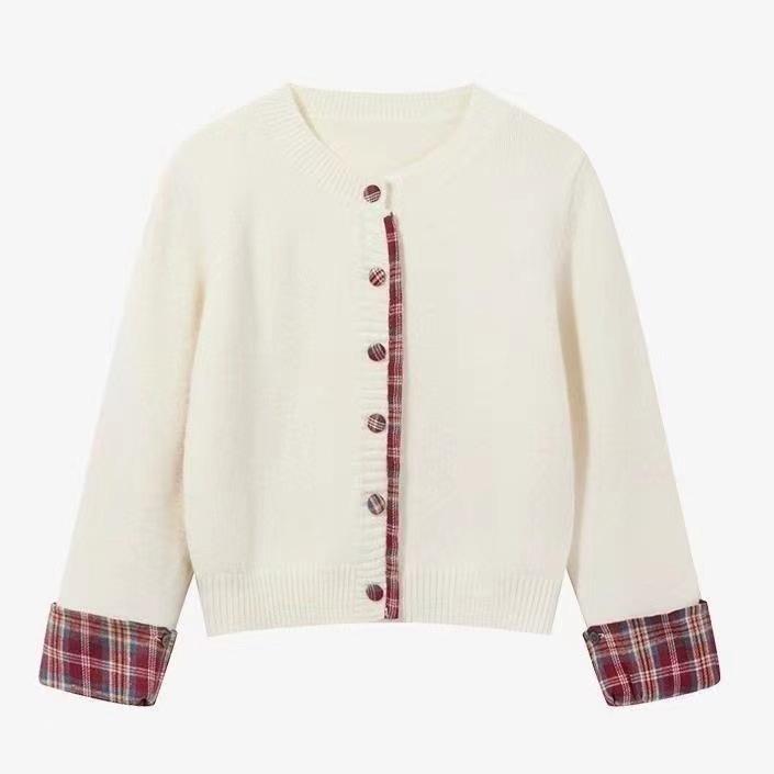 

Контрастный клетчатый дизайн, трикотажный кардиган с длинными рукавами, весенне-осенний, с круглым вырезом, имитация двух частей, свитер-жакет, топ женский Average size 57-121 белый