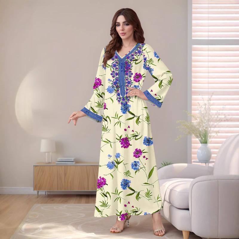 Large Size Women's Dress Hot Sale Printed V-Neck Imitation Decal Long Sleeve Long Dress