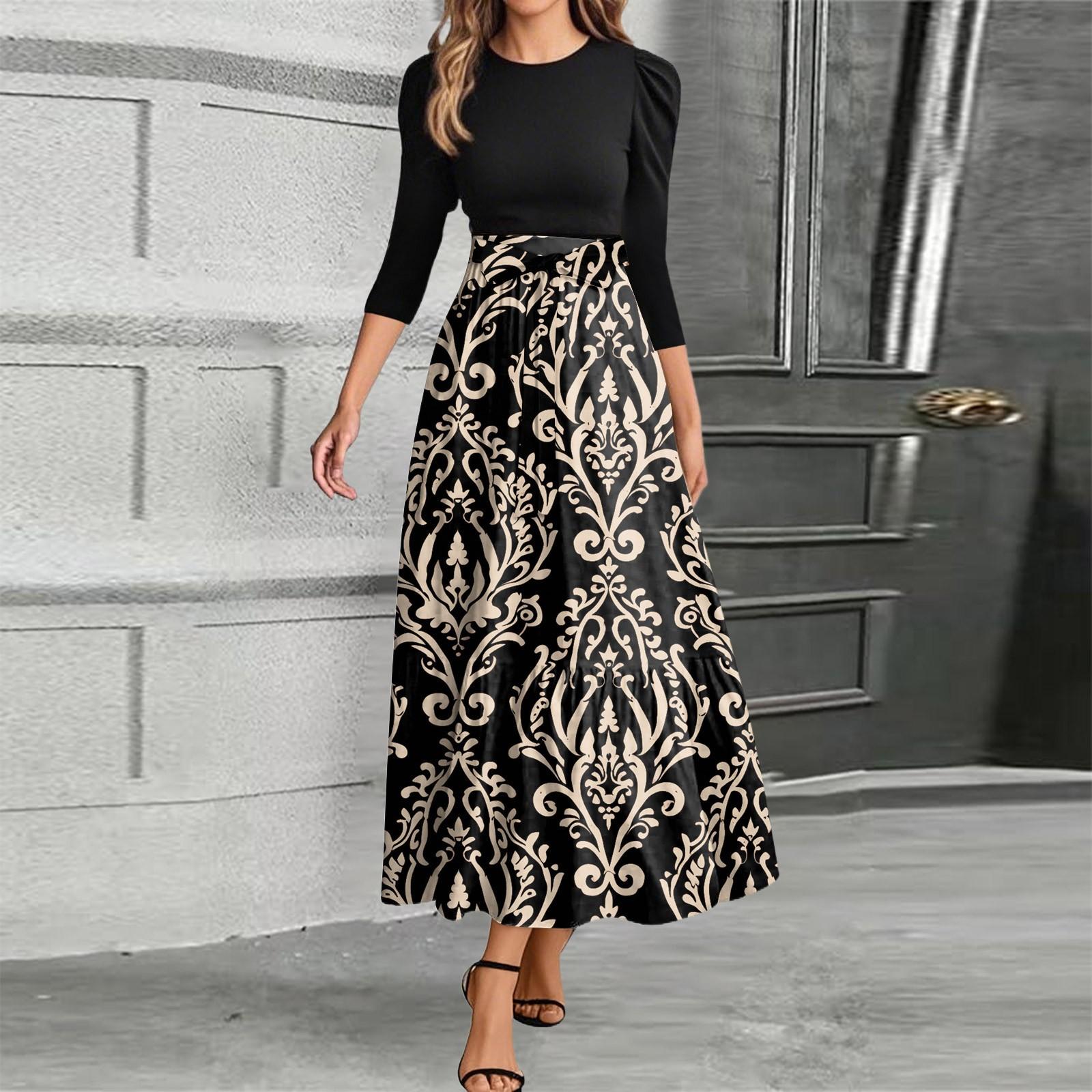 Women s Casual Belted Dress Round Neck Floral Patchwork Three Quarter Sleeve Elegant Midi Dress M бежевый