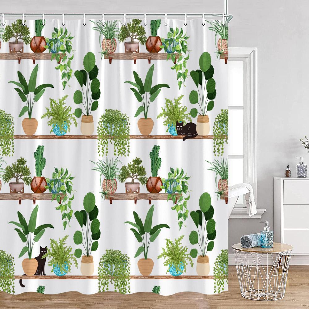 Grüne Topfpflanzen Duschvorhänge Cartoon Katzen Hängende Tropische Blätter Dekorationen Für Bad Polyestergewebe Badezimmervorhang