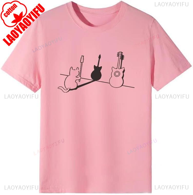 For Work or School Guitar Funny Cute Cat TShirt Mens Womens Short Sleeve Parody Pattern Clothes Birthday Gift Graphic Tshirt