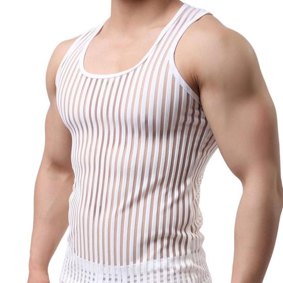O-Neck Sleeveless Solid Color Men Vest Striped Racerback Male Mesh Sexy Transparent Bottoming Vest Home Wear