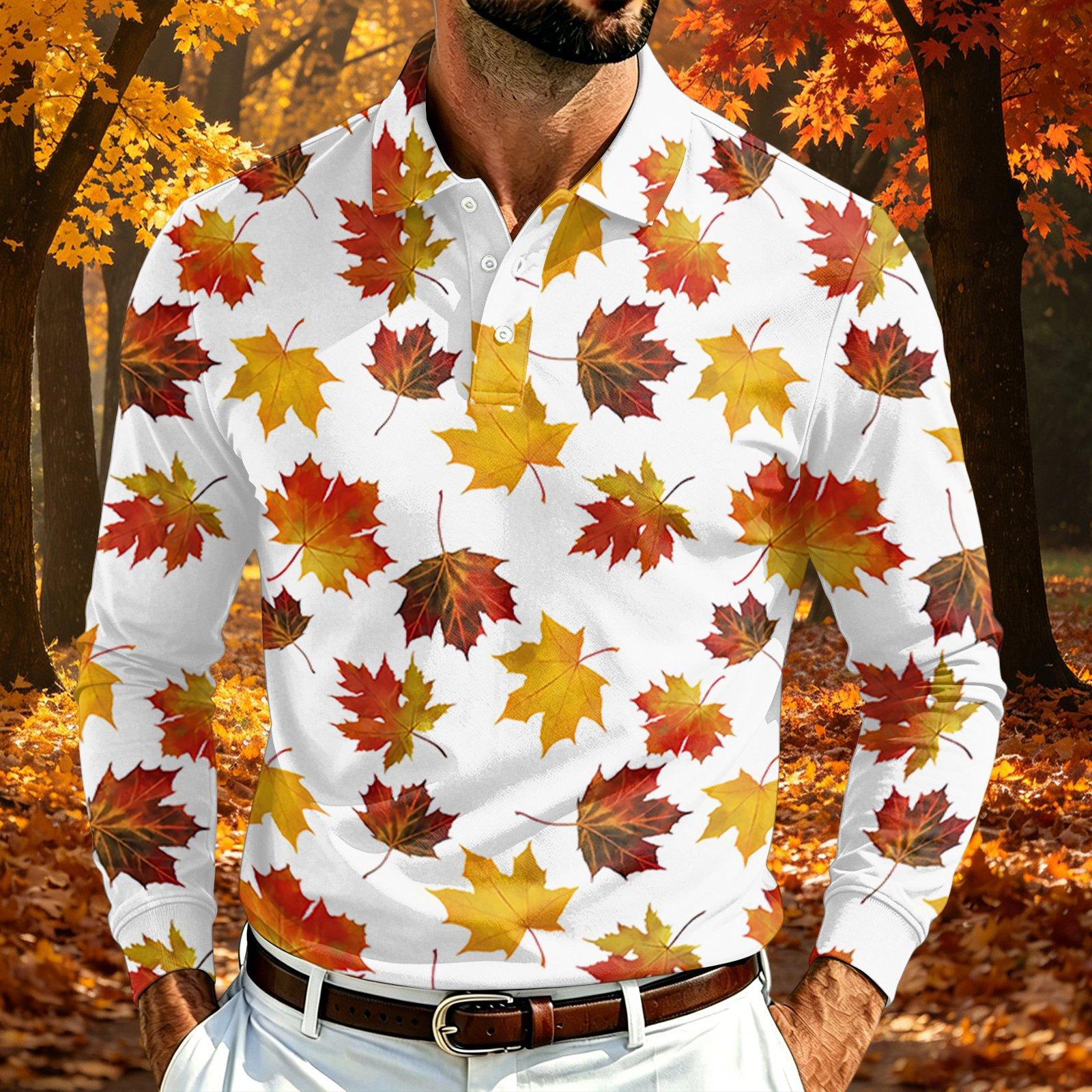 Men s Long Sleeve Lightweight Mesh Breathable Shirt with Maple Leaf Print Collar for Fall XXL