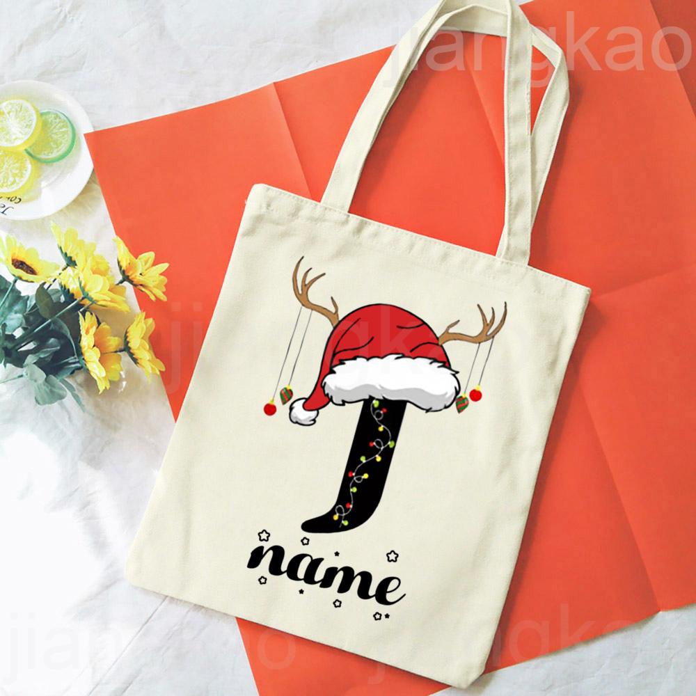 Personalized Christmas Gift Bag Initial with Name Christmas Sack Alternative Stocking Filler Bags Xmas Eve Pouch Gift for Kids