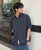 BRENSON Linen-Like Check Short Sleeve Shirt (Navy)