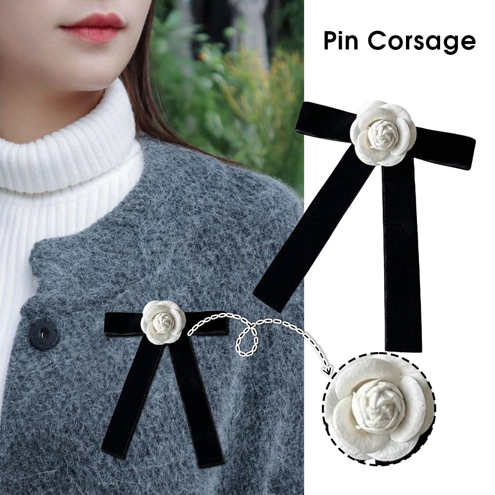 Camellia Flower Brooches Pin Pre-Tied Bowknot Pin Collar Neck Clips Wedding Party Bow Tie Neck Tie Lapel Pins for Women Girls