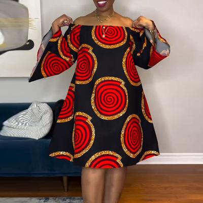 Women Casual Large Size Off Shoulder Flared Long Sleeve Printed Dress