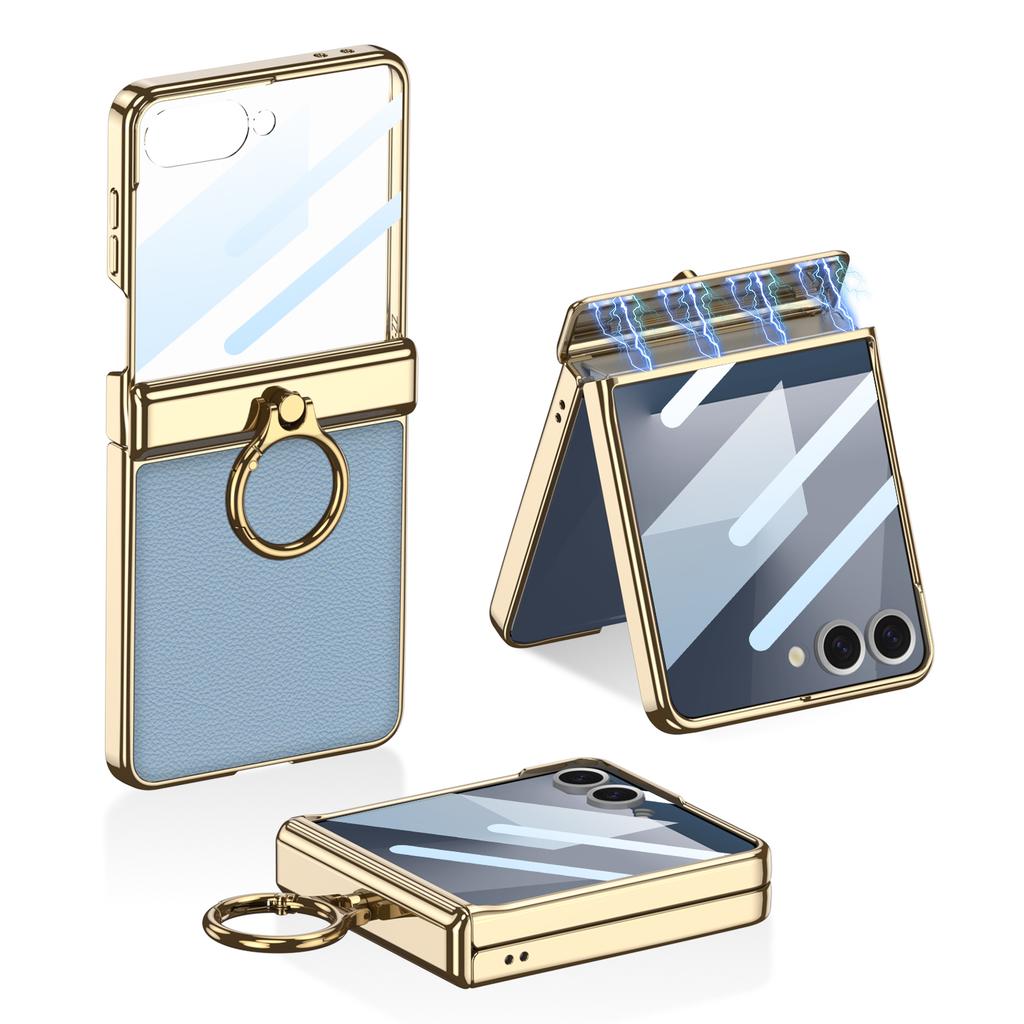 GKK For Samsung Galaxy Z Flip7 5G Kickstand Case Electroplating Magnetic Hinge Protection PU PC Tempered Glass Phone Cover