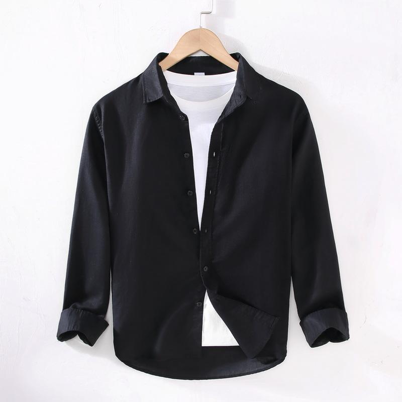 Linear Long-sleeved Men's Japanese Casual Loose Cotton Linen Shirt Spring and Summer Outfit Inch Shirt