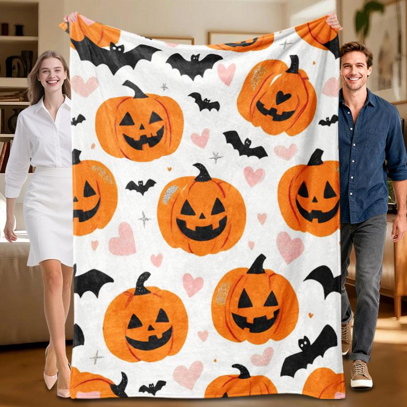 

1 piece Halloween-themed orange and white flannel blanket, soft, suitable for sofa, bed, office, all-season use. 70x100cm