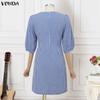 VONDA Women Square Collar 3/4 Sleeve Lace Hem Casual Plaid Mini Dress