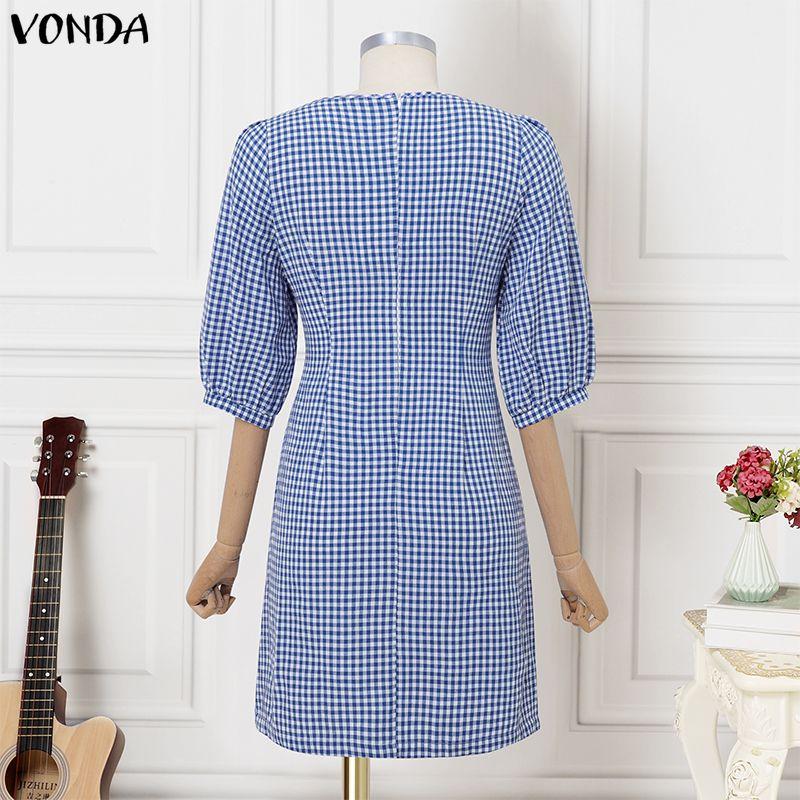 VONDA Women Square Collar 3/4 Sleeve Lace Hem Casual Plaid Mini Dress