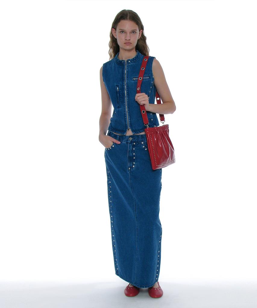 Partimento Woman Studded Denim Maxi Skirt_Mid Blue