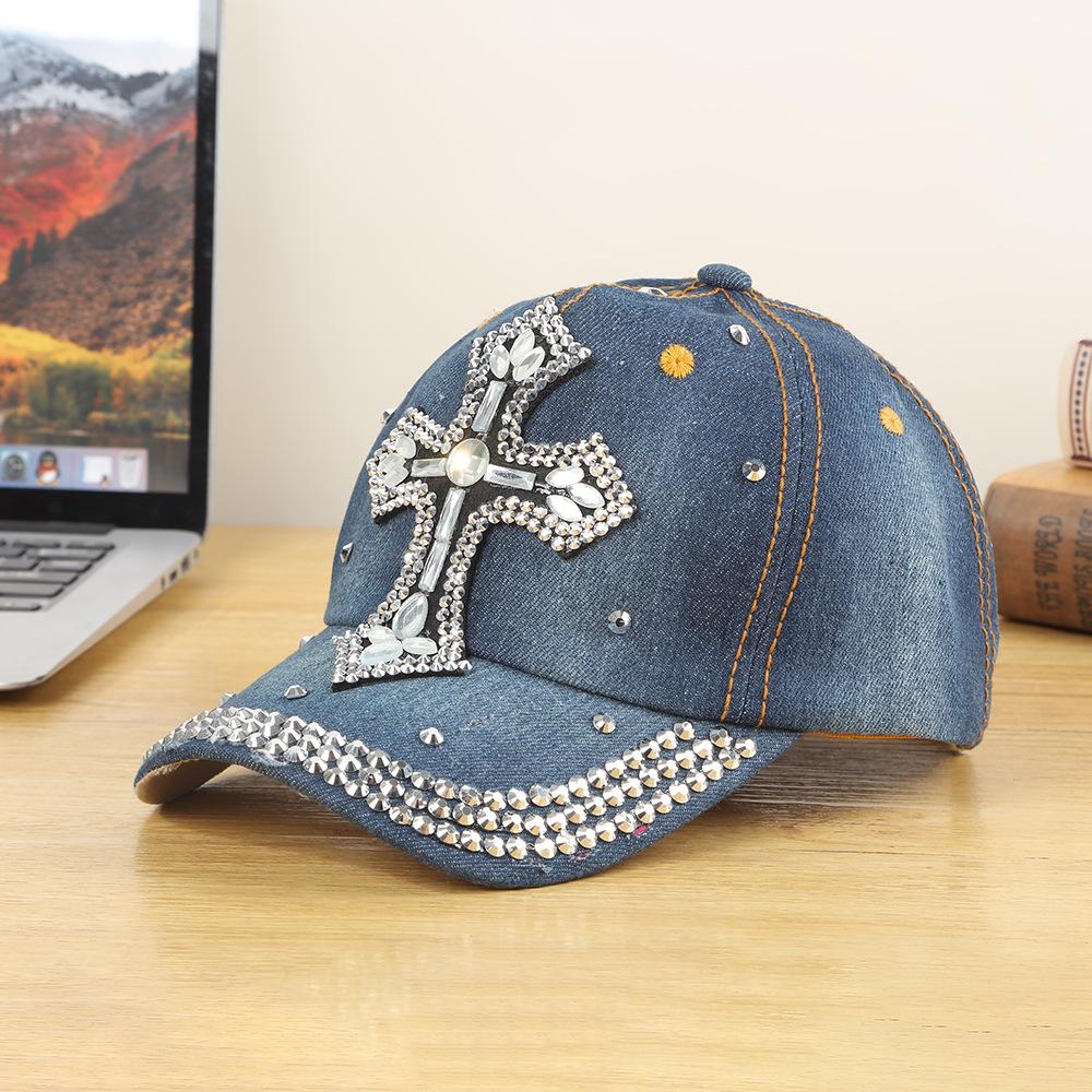 Cross-Border New Oversized Denim Baseball Cap Sparkling Diamonds Crow Heart Design Good-Looking Affordable Direct Manufacturer