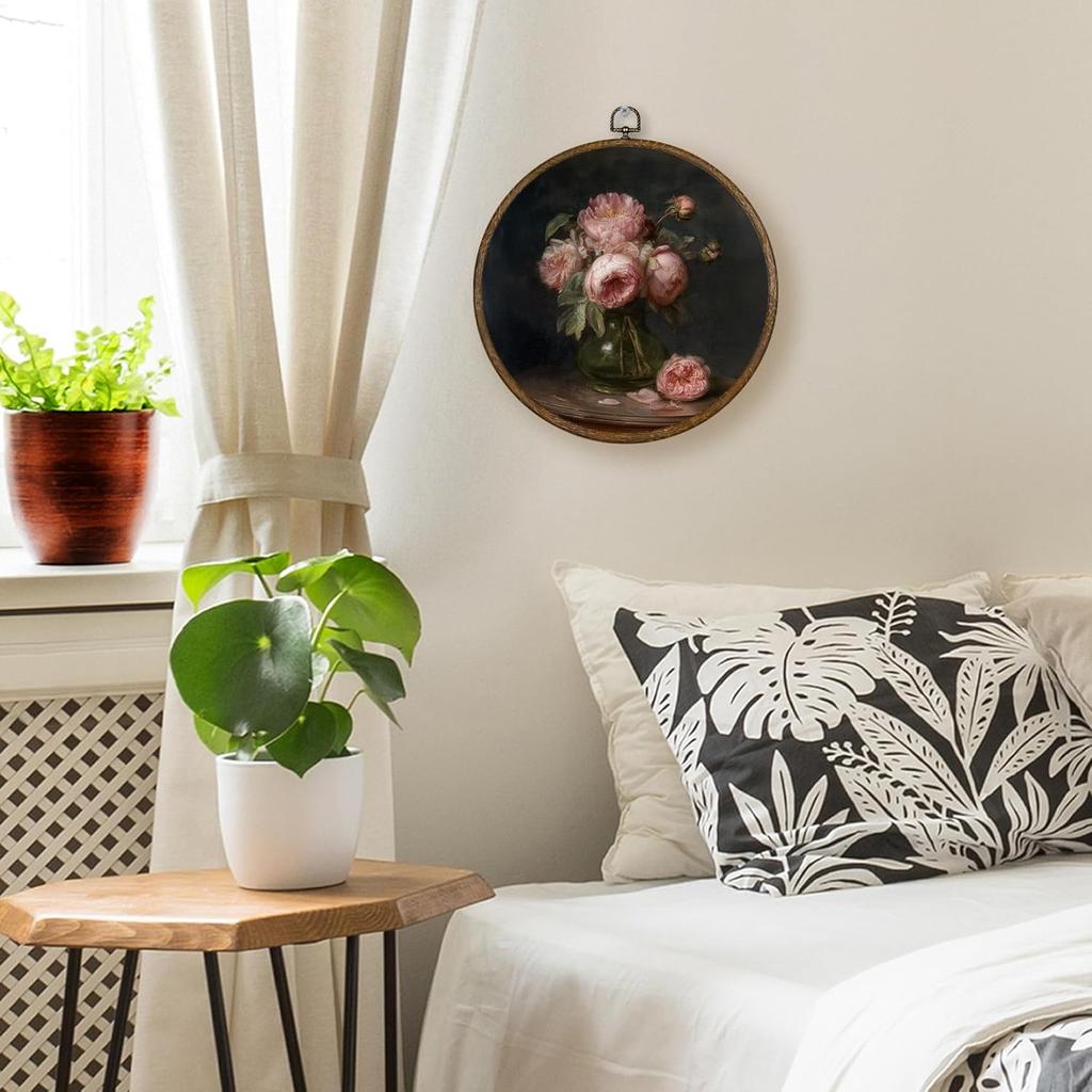 Qskjre Dark Moody Peony Floral Wall Art Decor, Vintage Cottagecore Pink Peonies Flower Round Wood Framed Canvas Wall Artwork, Shabby Chic Hanging