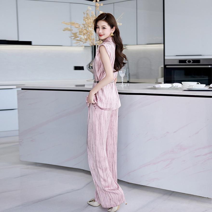 Wide-leg Pants Set Women's Summer New Design Temperament Striped Shirt Two-piece Set
