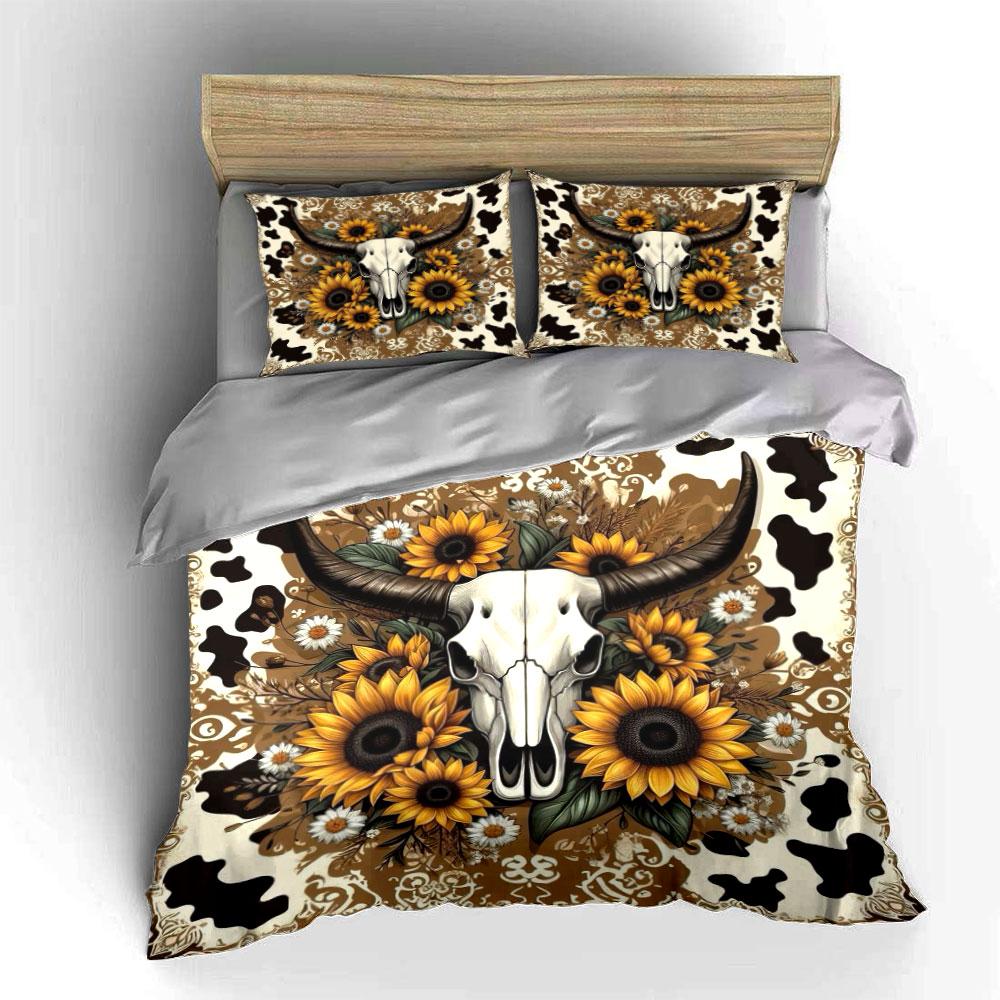 Cow Skull with Sunflowers Set Bedding Duvet Cover Set Duvet Cover Pillowcases (1 * Duvet Cover 2 * Pillowcases, Without Duvet Insert)