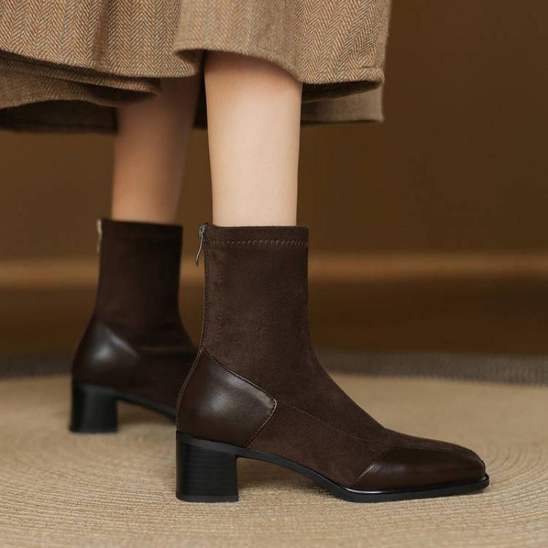 Korean Version of the New Suede Elastic Women's Boots Square Head Large Size Martin Boots Solid Color High Heel Leather Boots Autumn and Winter Mid