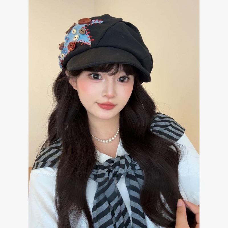 

25 Ранняя Осень Новая Милая Пентаграмма Патч Восьмиугольная Шляпа Детская Пуговица Мультяшный Y2K Берет Мода Head circumference 54-59CM чёрный