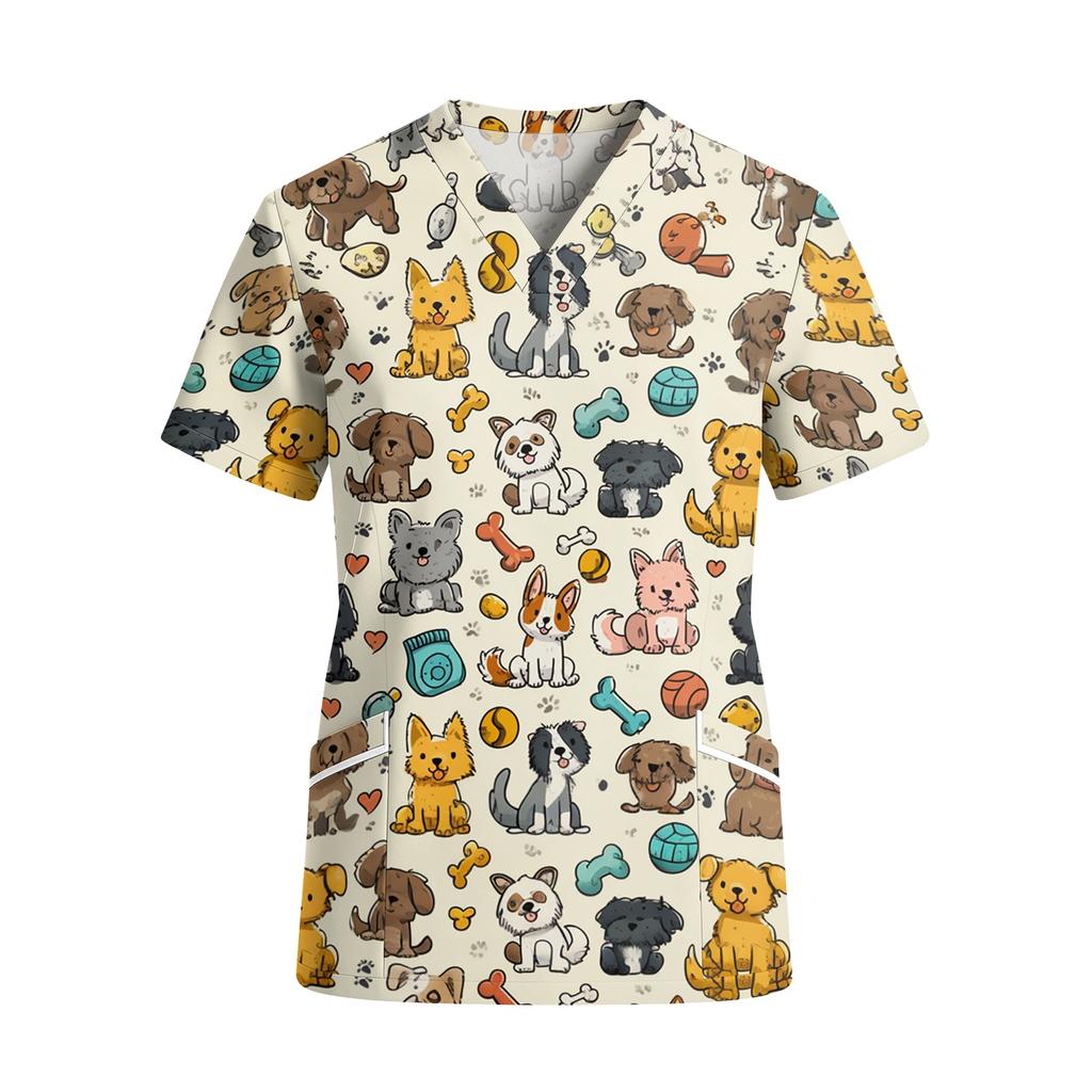 Top da Lavoro da Donna con Scollo a V, Manica Corta, Tasche, Stampa Animalier, Camice Medico, Leggero, Vestibilità Comoda per Professionisti Sanitari