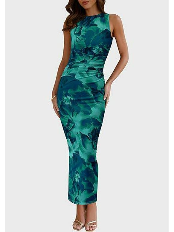 2024 Women's Floral Ruched Mesh Bodycon Dress - Sleeveless, Round Neck