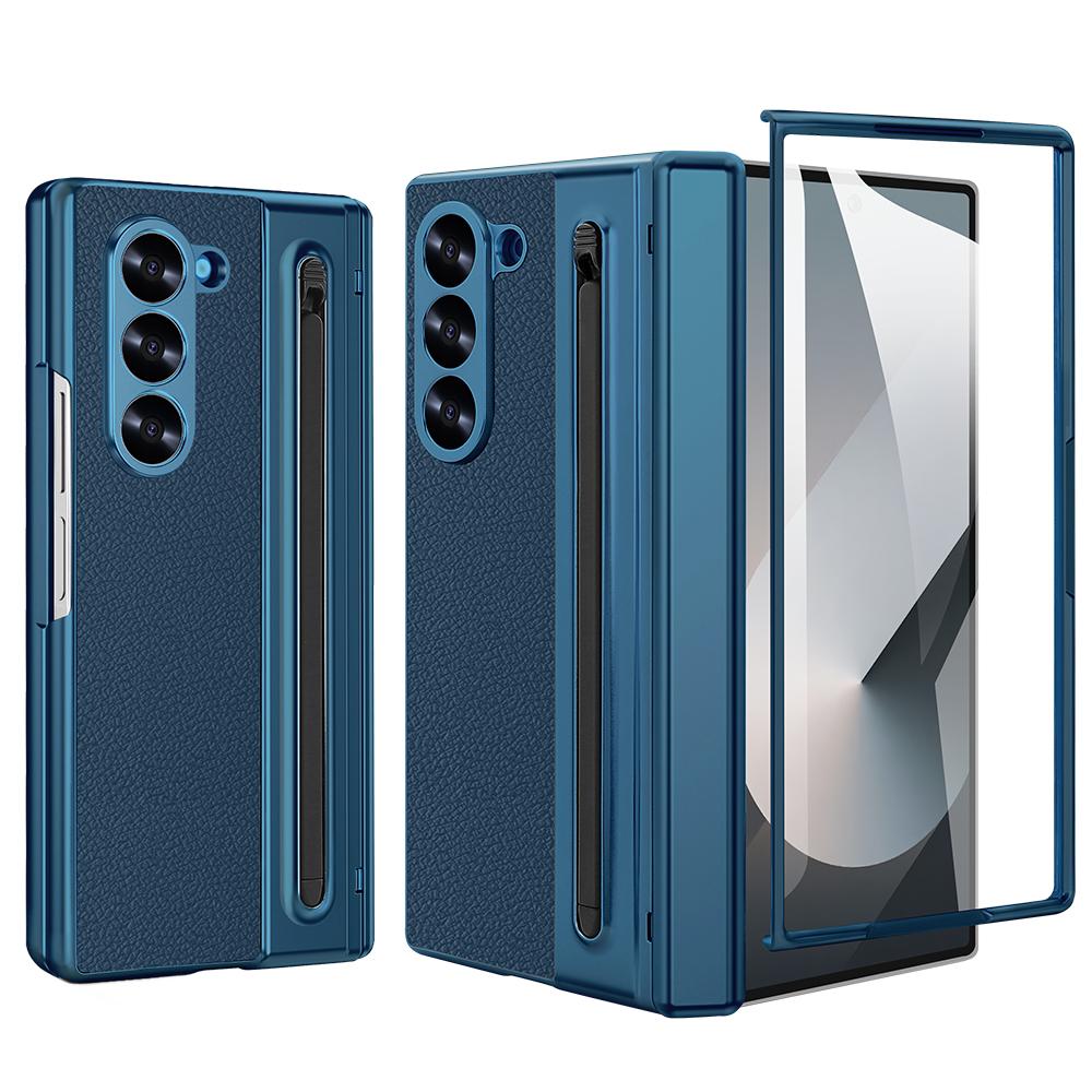 

For Samsung Galaxy Z Fold5 5G Case with Screen Film/Stylus Hinge Protection Electroplated PU+PC Phone Cover Blue
