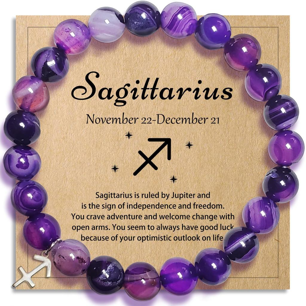 Twelve Constellation Bracelet 8mm Purple Agate Beaded Elastic Rope Bracelet Constellation Bracelet