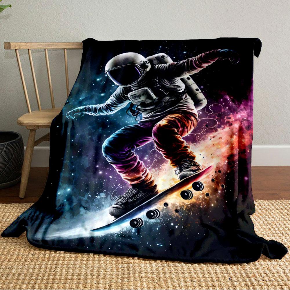 An Astronaut Skateboarding Through Vibrant Cosmic Colors and Starry Space. for All Seasons Blanket Lunch Break Throw Gift