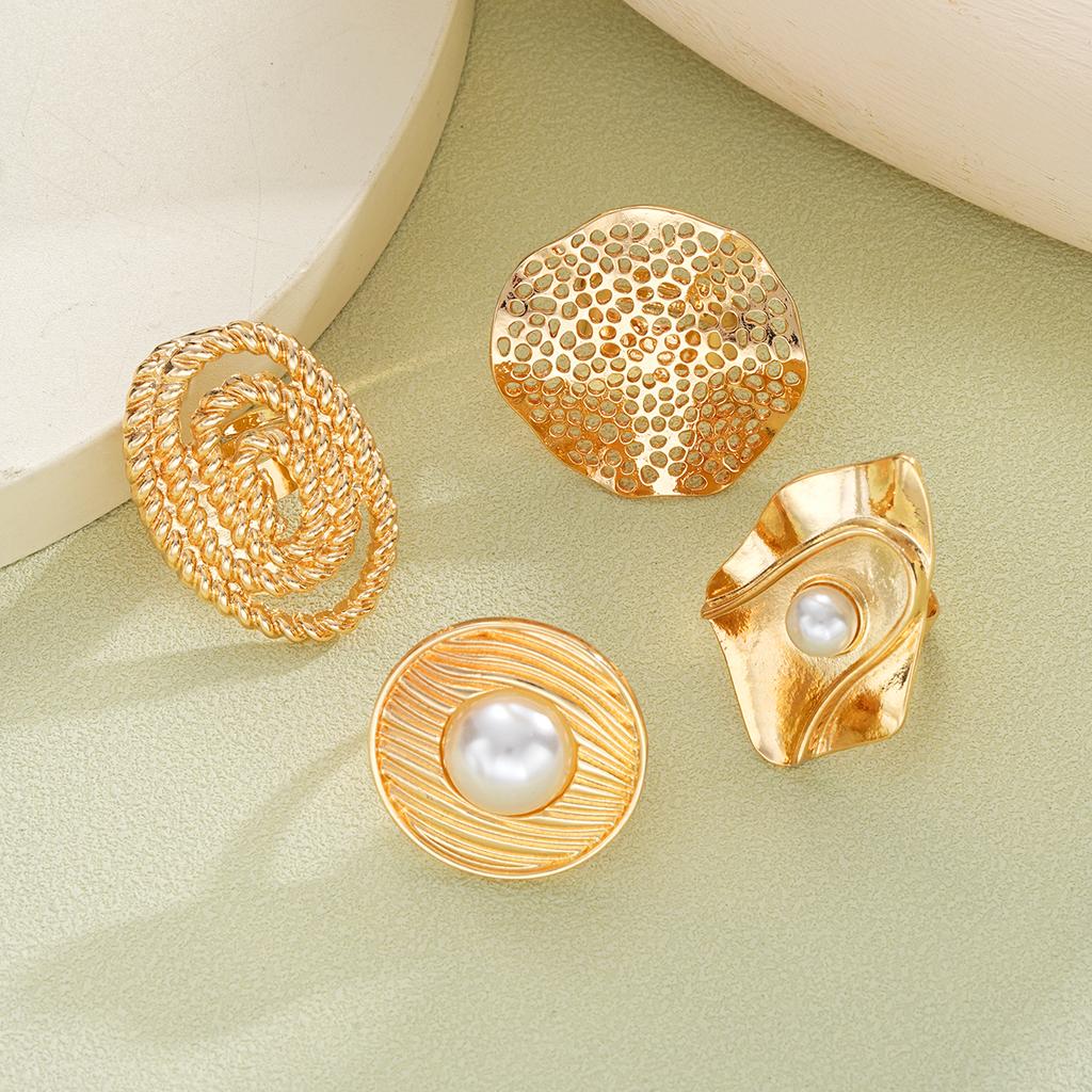 4Pcs/Set Imitation Pearl Chunky Rings For Women Vintage Geometric Irregular Hollow Gold Color CCB Ring Set Fashion Party Jewelry