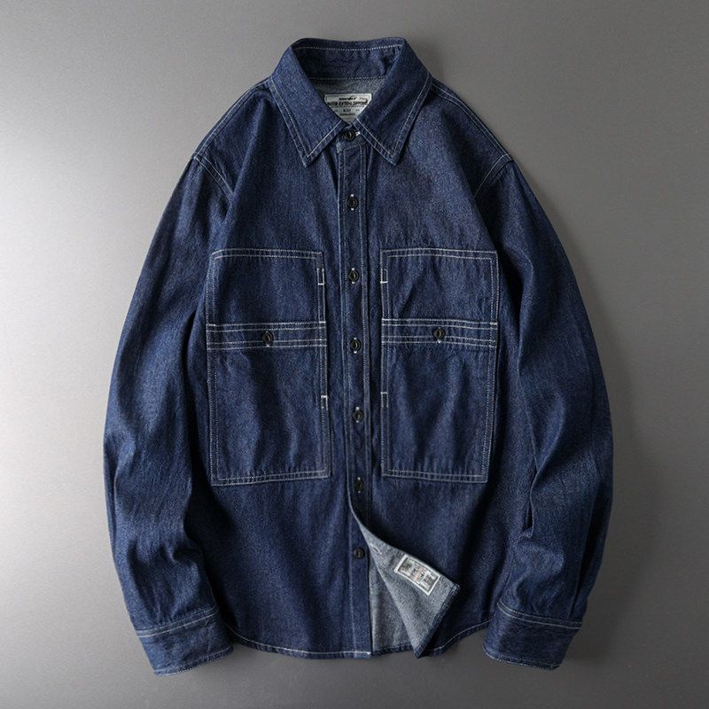 Амекаджи Винтажная Экспортная Оригинальная Джинсовая Рубашка Dark Denim Blue L