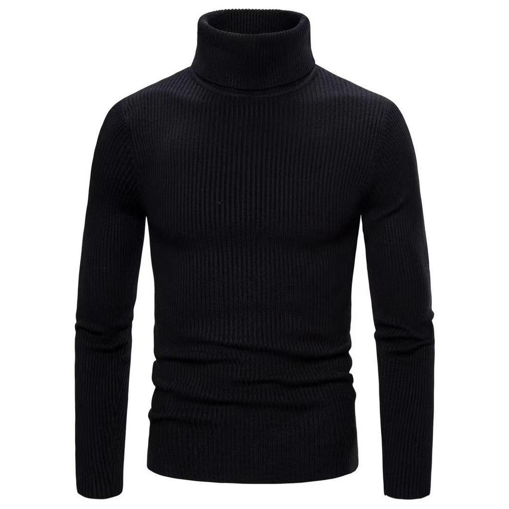 Men's Solid Color High Neck Slim Fit Striped Knit Sweater