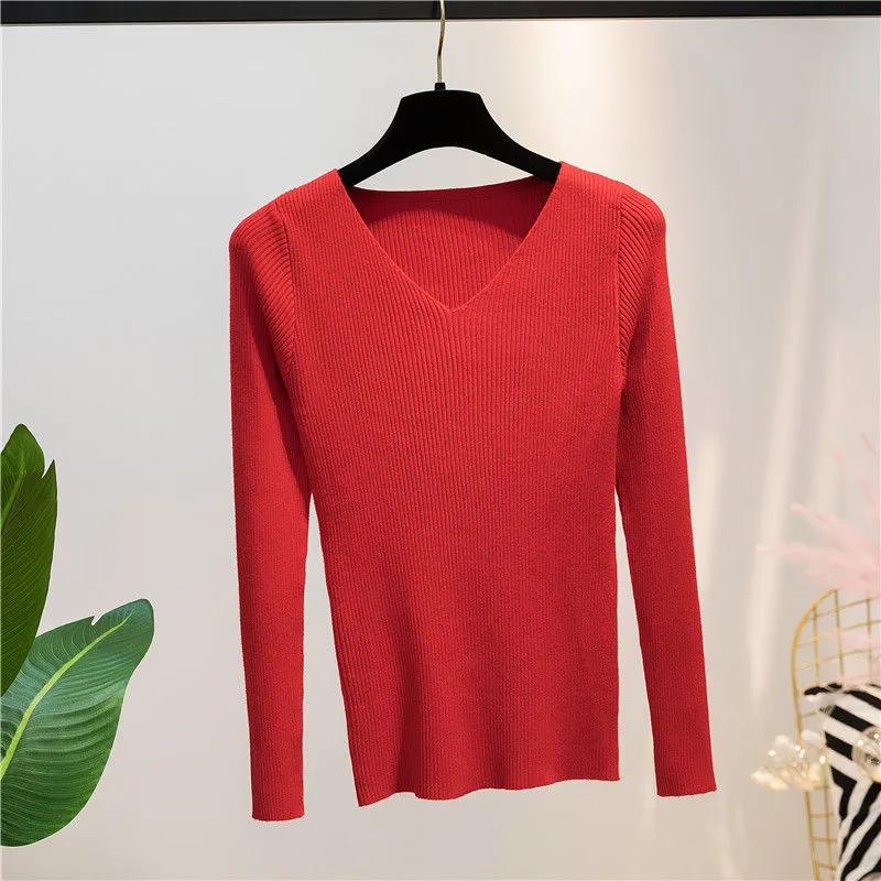 Women Sweater Autumn Long Sleeve Pullover Basic Top Fashion V-neck Elastic Female Winter Solid Knitted Jumper Sweater
