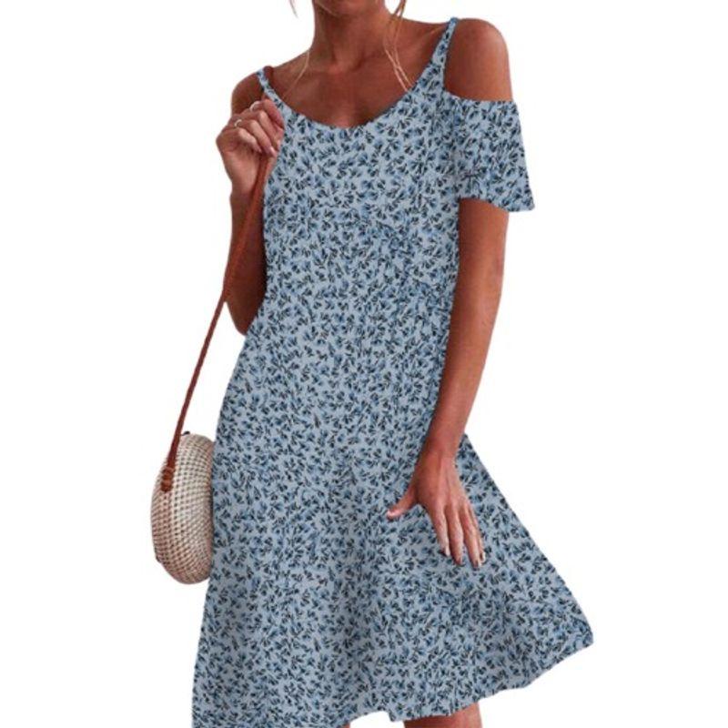 

Модное платье с открытыми плечами, круглым вырезом, принтом, свободного кроя, с короткими рукавами Blue M