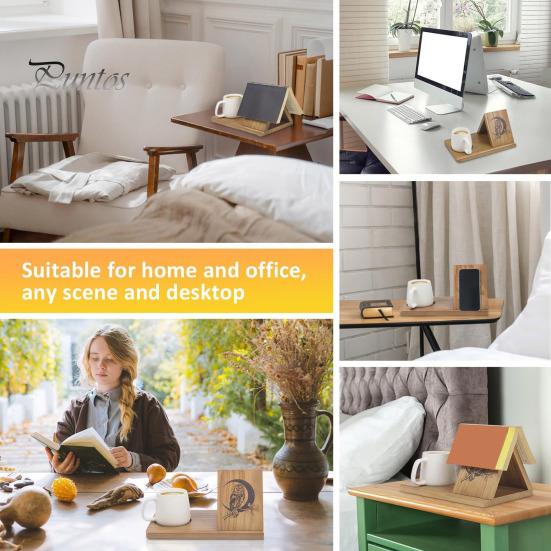 Wooden Bookshelf Organizer with Phone Holder Natural Wood Triangle Book Stand Desk Valet with Cup Holder Picture Frame