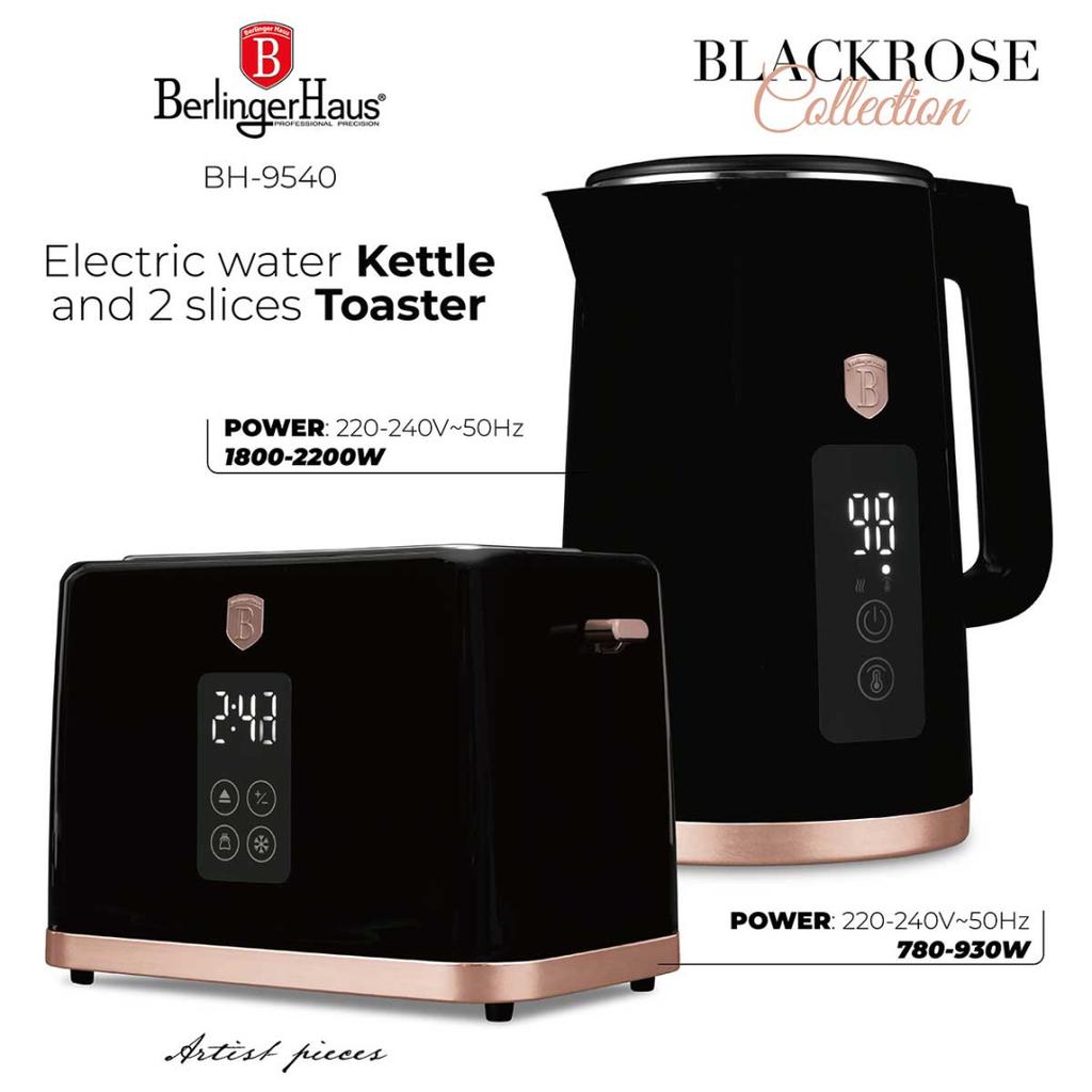 Elektrischer Wasserkocher 1,7L + Digitaler Toaster Berlinger Haus Bh-9540 Black Rose