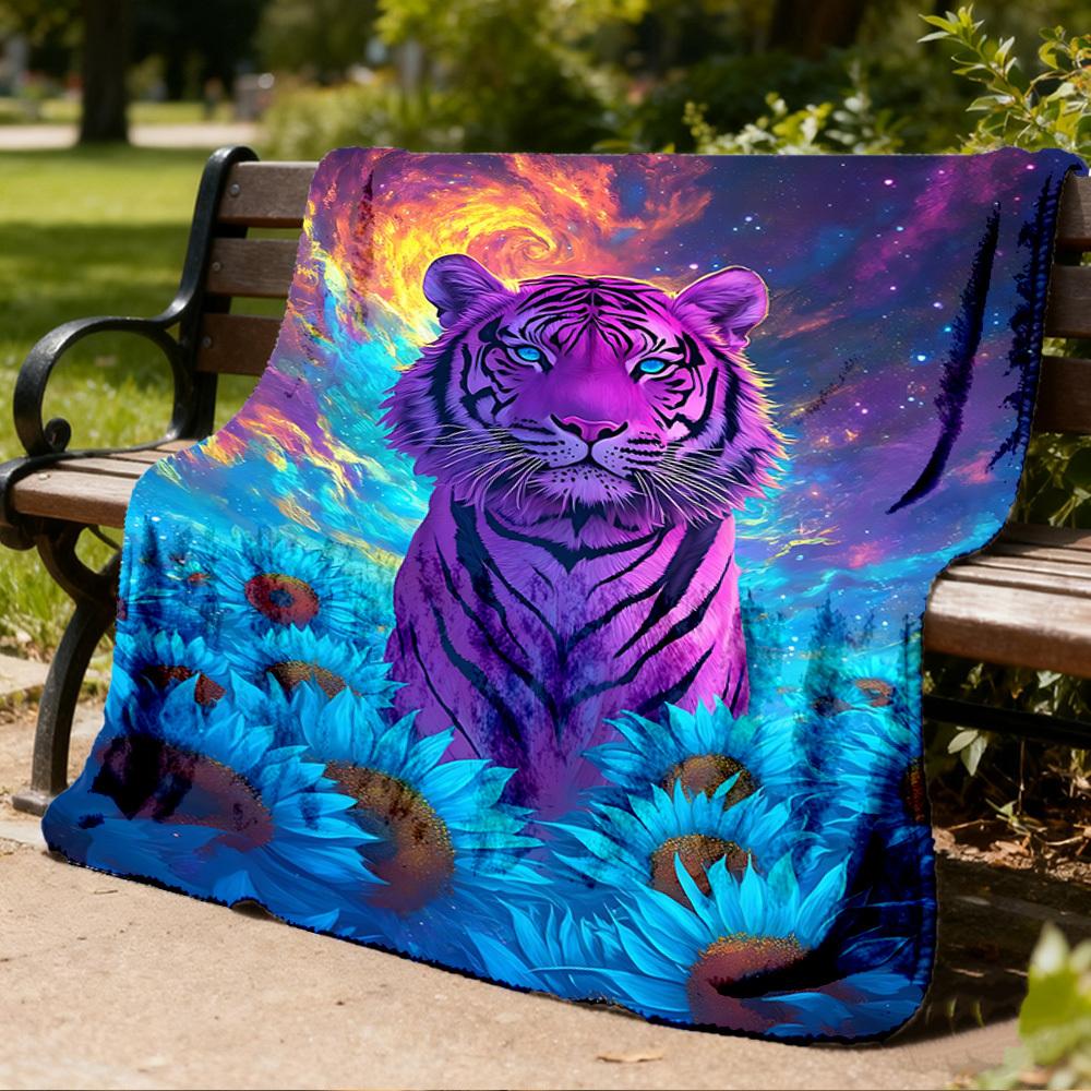 1pc Tiger Fantasy Flowers Throw Blanket Polyester Fiber, Lightweight Flannel, Soft & Warm, All Season Use for Outdoor, Camping Digital Print