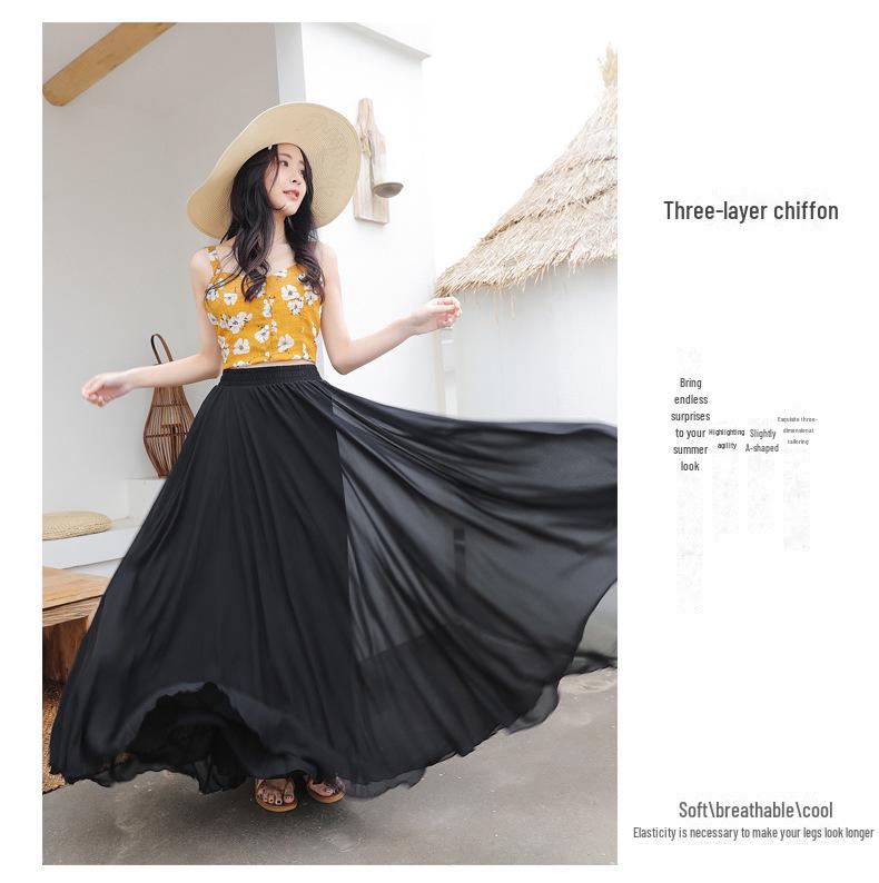 Elegant Spring Chiffon Swing Dress - A-Line Layered Beach Fairy Skirt for Women