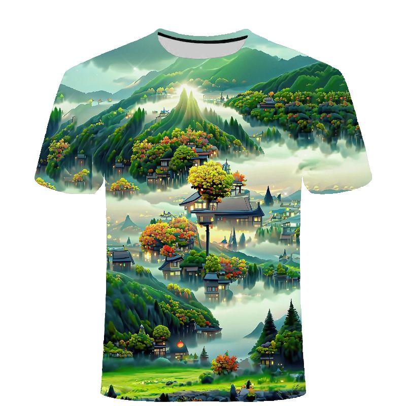 Verão Novo Topo Série Paisagem Quatro Estações Camiseta Casual Moderna de Manga Curta com Estampa 3D Moda Masculina e Feminina