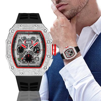 Casual Fashion Men's Watches Tonneau Type Metal Case Diamond Bezel Chronograph Silicone Strap Luminous Quartz Wristwatch