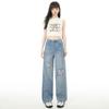 Spring Summer Rhinestone Ripped Lace High Waist Slim Narrow Wide Leg Trendy Casual Denim Pants Female Casual Pants Oversize Denim Trousers