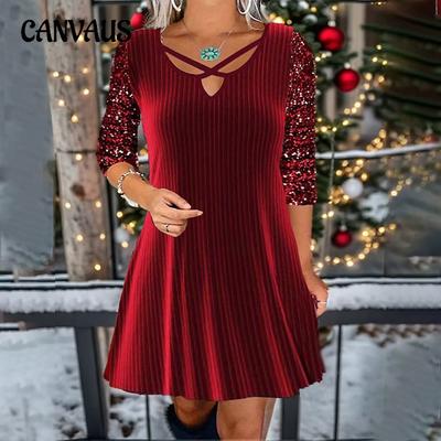 Spring and Autumn Women's Dress Fashion Solid Colour V-Neck Long Sleeve Beaded Casual Dresses